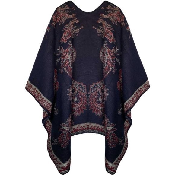 Women's Color Block Shawl Wrap Open Front Poncho Cape - Picture 2 of 7